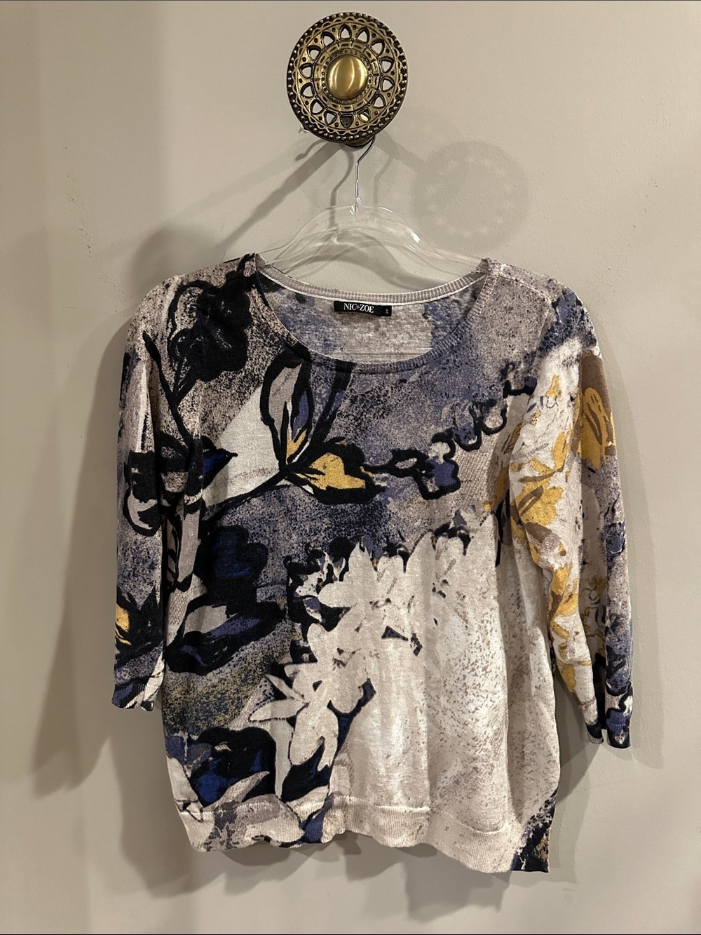 NIC+ZOE Scoop-Neck Floral-Print Top in Cream, Blue & Gold 66% linen